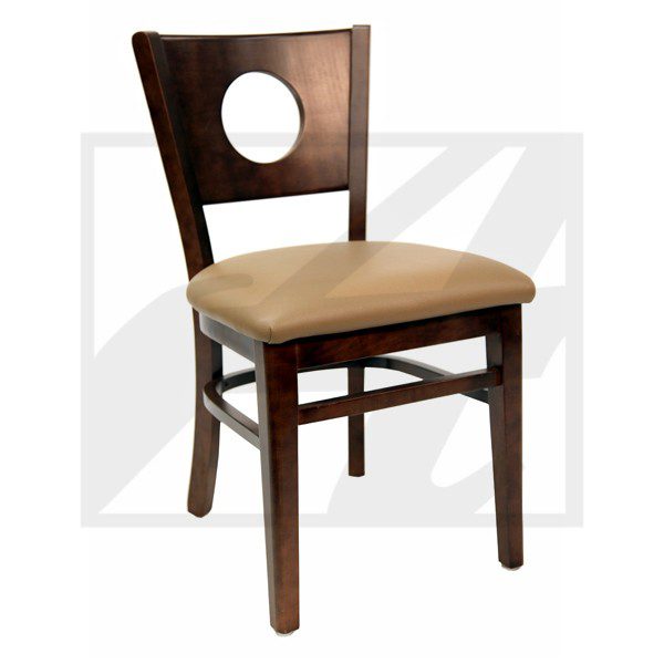 Wooden chair with a circular cutout in the backrest and cushioned seat.