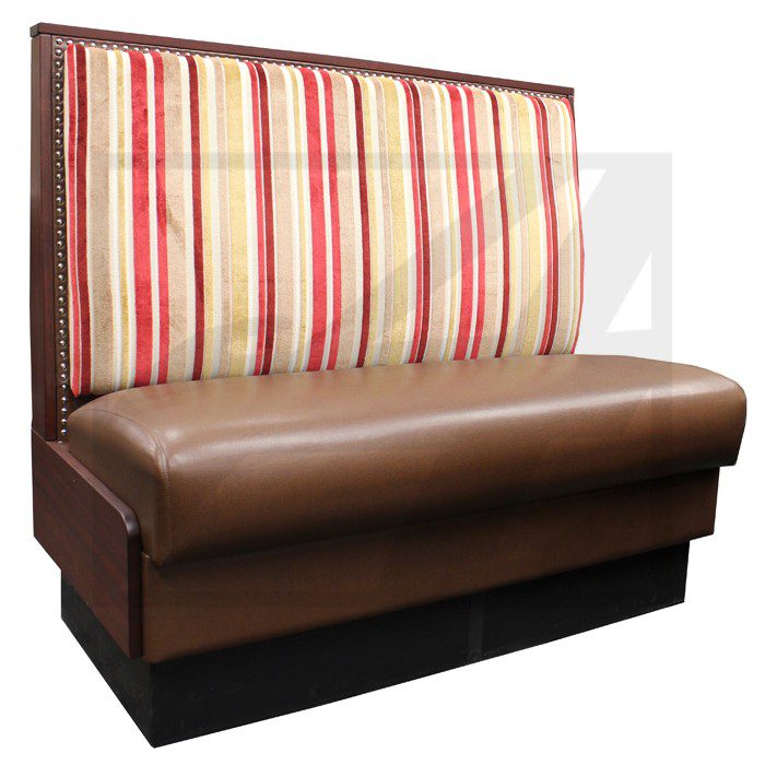 A brown leather booth seat with a striped cushioned backrest.