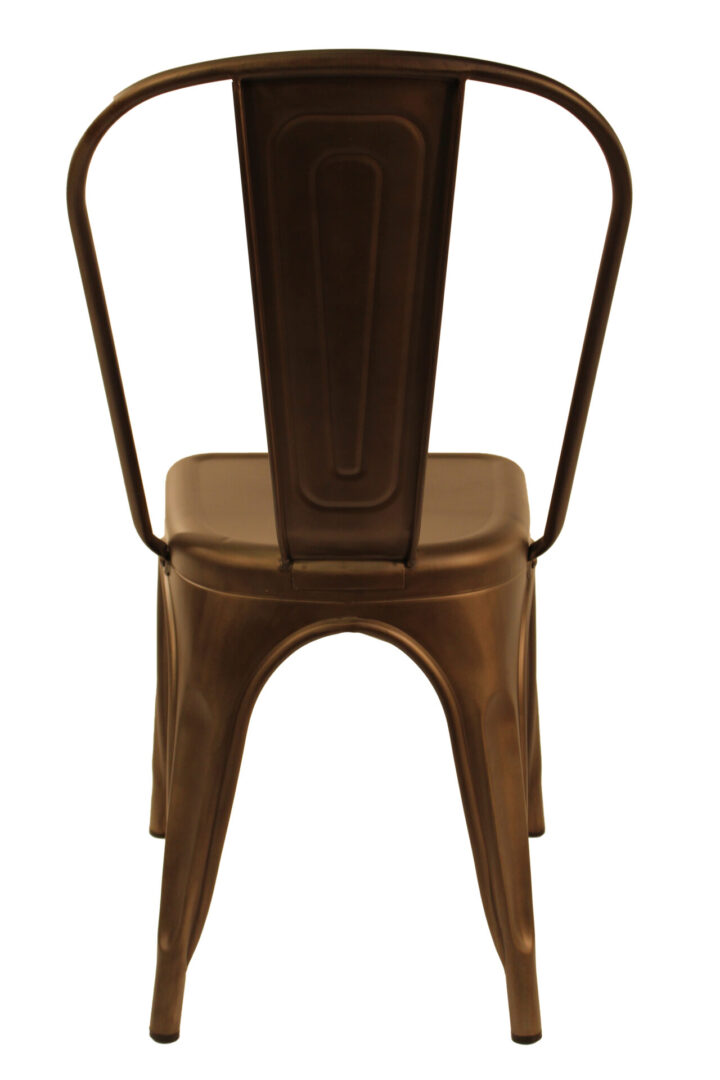 Rustic metal chair with a wooden seat and curved backrest supports.