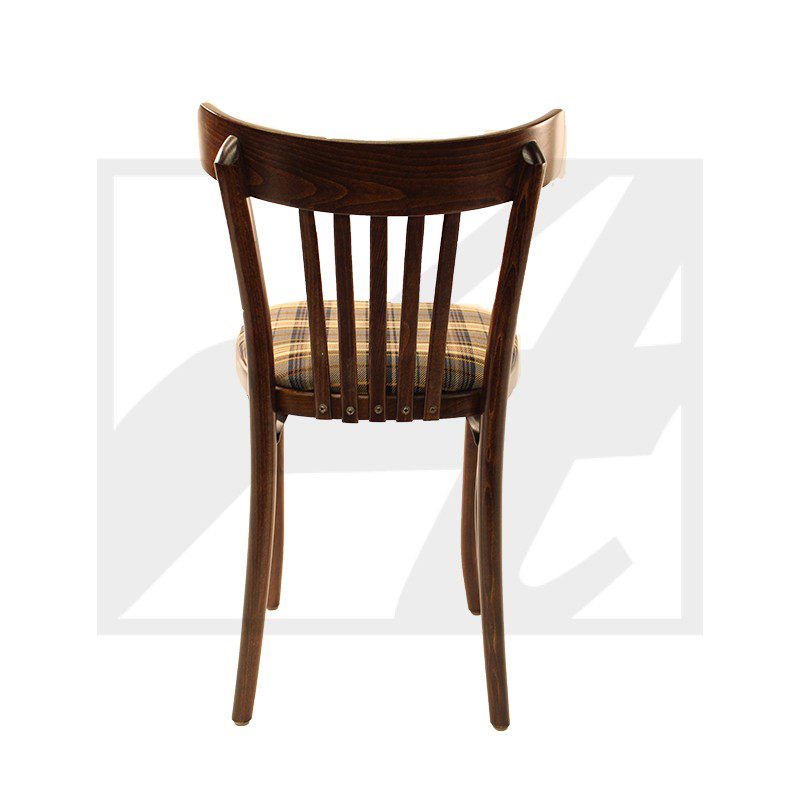 Wooden chair with a curved backrest and vertical slats.