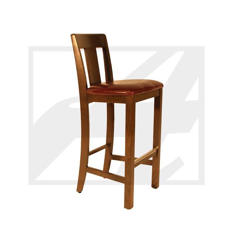 Wooden bar stool with a cushioned seat and backrest.