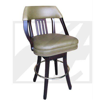 A cushioned swivel bar stool with a backrest and footrest.