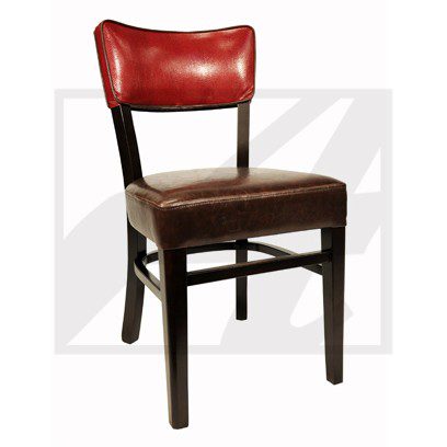 Vintage wooden chair with red backrest and brown seat.