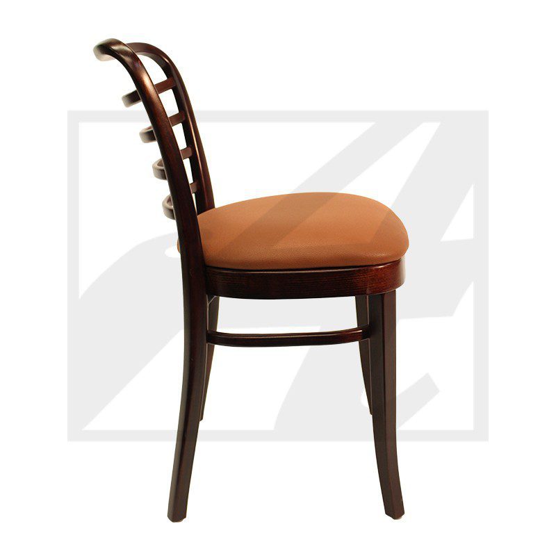 Side view of a wooden chair with a cushioned seat.