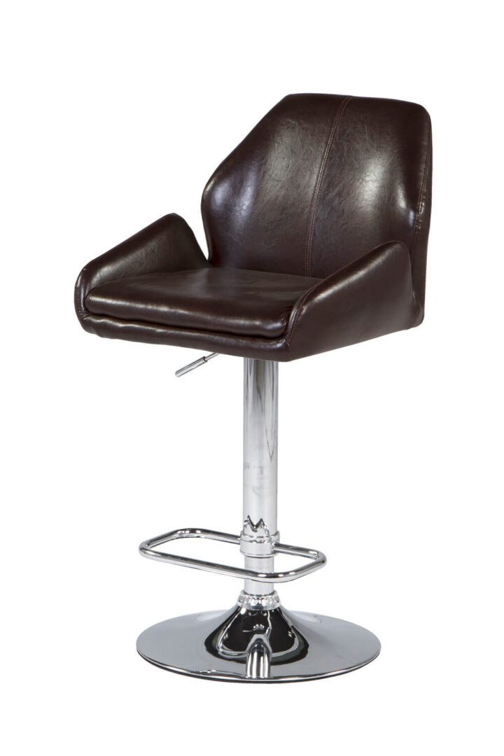 Modern black leather bar stool with metal base and footrest.