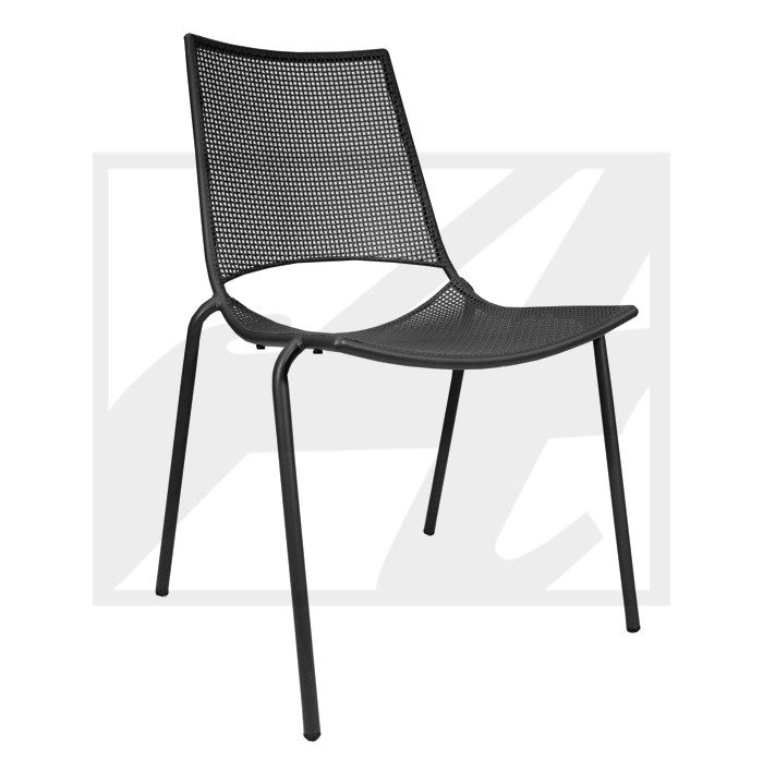 Modern black mesh chair with four legs and a curved seat.