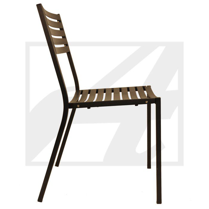 A simple metal and wood chair with a slatted seat and backrest.