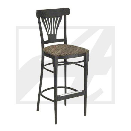 Tall black wooden bar stool with a woven seat and decorative backrest.