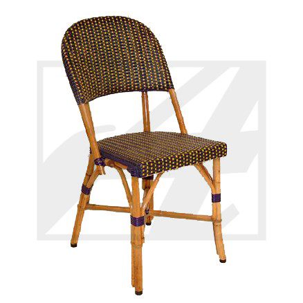 Woven rattan chair with wooden frame and curved backrest.