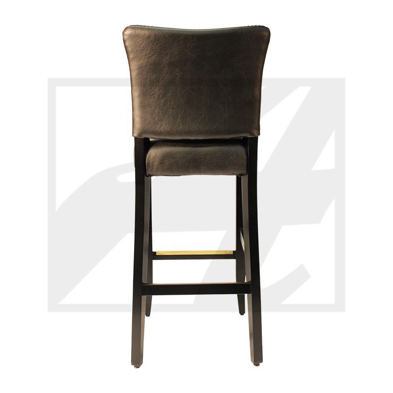 Upholstered bar stool with a high back and wooden legs.