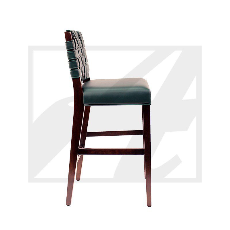 Side view of a wooden bar stool with a cushioned seat and backrest.