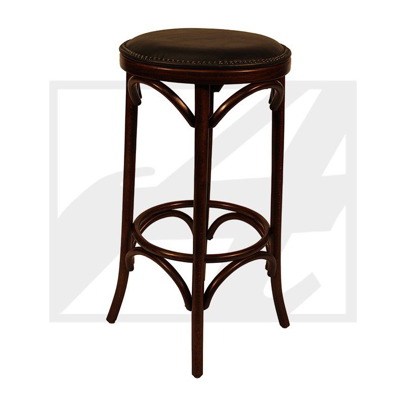 Simple wooden bar stool with a round seat and curved support structure.
