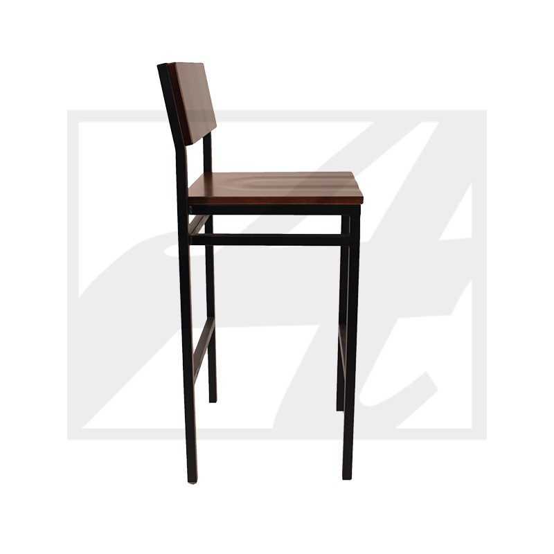 Tall bar stool with a wooden seat and backrest, featuring sleek black legs.