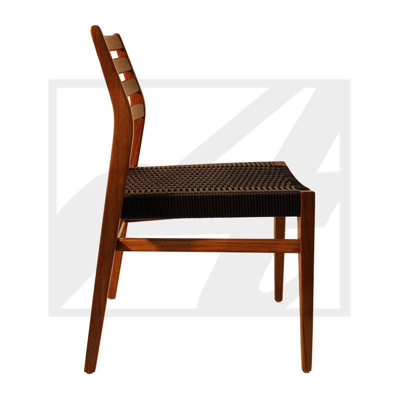 Wooden chair with a woven seat and backrest in a side view.
