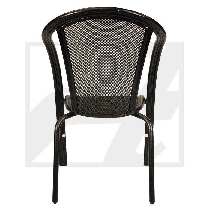 Black metal mesh chair with curved backrest and four legs.