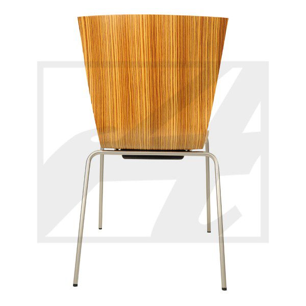 Modern wooden chair with metal legs viewed from the back.