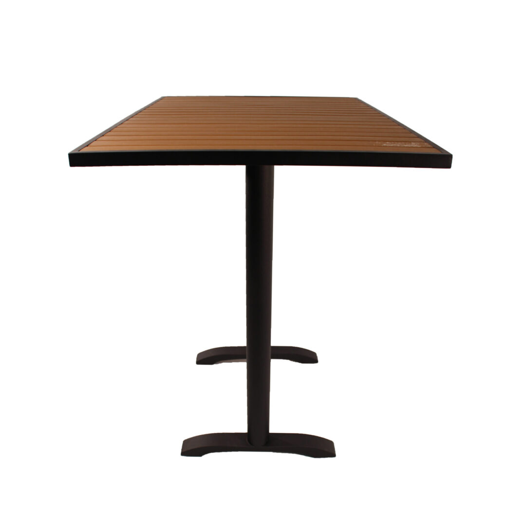 Rectangular wooden table with black metal base and footrest.