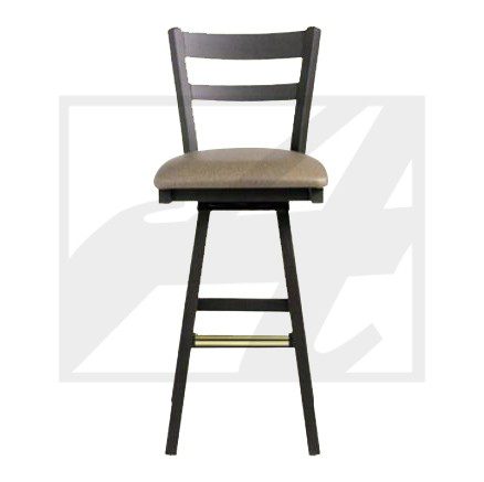 Tall wooden bar stool with cushioned seat and ladder back.