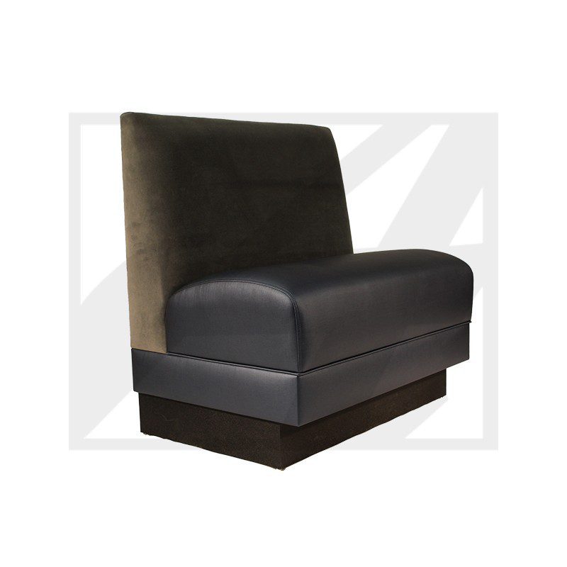 Modern two-tone restaurant booth seat with dark upholstery.
