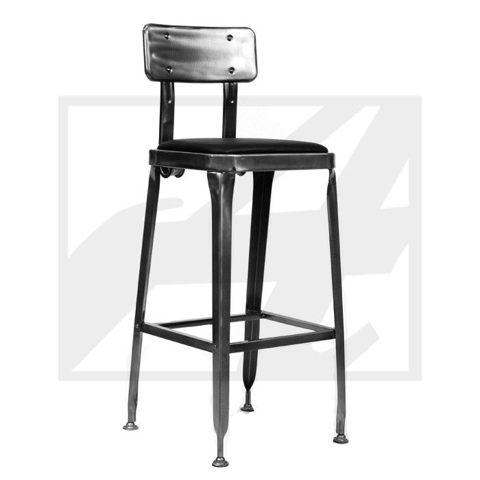 Industrial-style metal and wood bar stool with backrest.