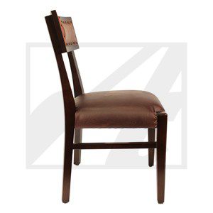 Side view of a wooden chair with a cushioned seat and backrest.