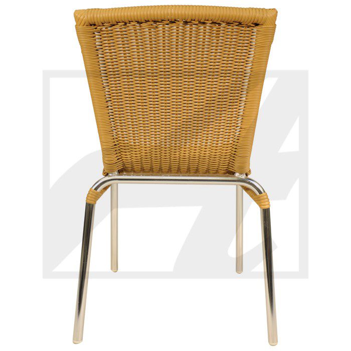 Back view of a wicker and metal chair with a woven seat and backrest.