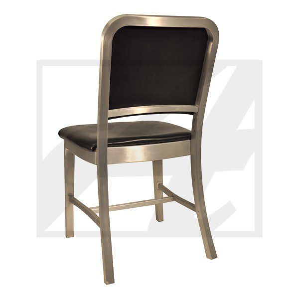 Metal-framed chair with black cushioned seat and backrest.