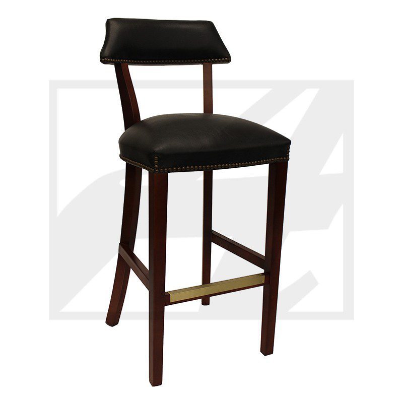 A wooden bar stool with black cushioned seat and backrest.