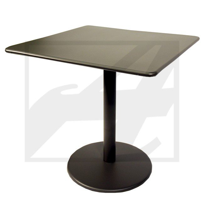Modern square table with a single black pedestal base.