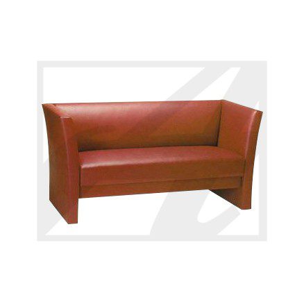 A modern red leather loveseat with wooden legs.
