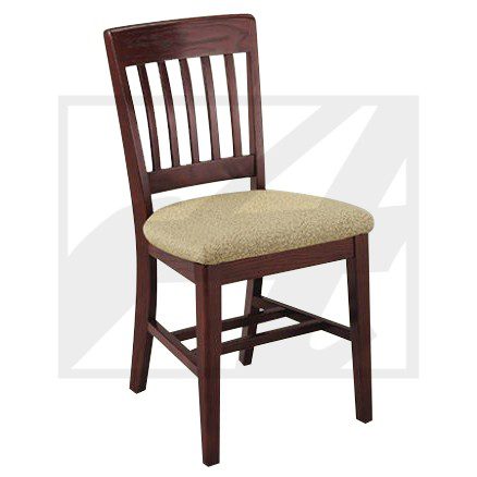 Wooden chair with cushioned beige seat and slatted backrest.