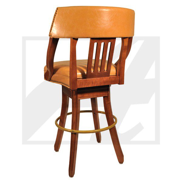A wooden swivel bar stool with a cushioned seat and backrest.