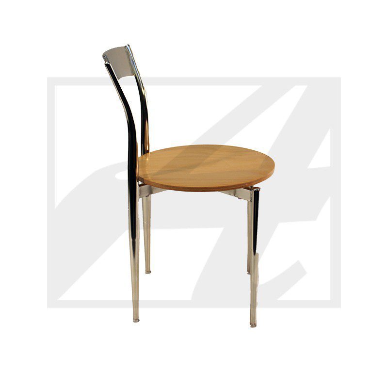 A modern chair with a wooden seat and metal legs.