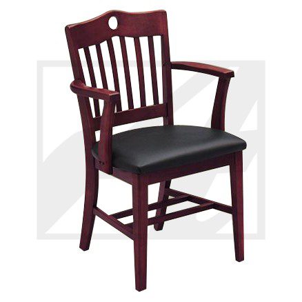Wooden armchair with black cushioned seat and slatted backrest.