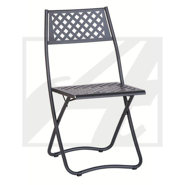 Black folding chair with a lattice design on seat and backrest.