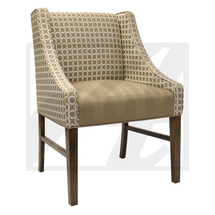 Elegant upholstered armchair with patterned fabric and wooden legs.