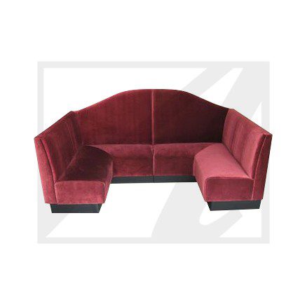 Red velvet sectional sofa with a modern design.
