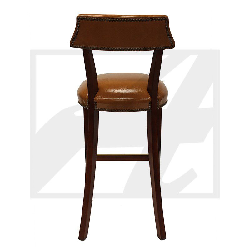 Wooden bar stool with a cushioned seat and backrest.