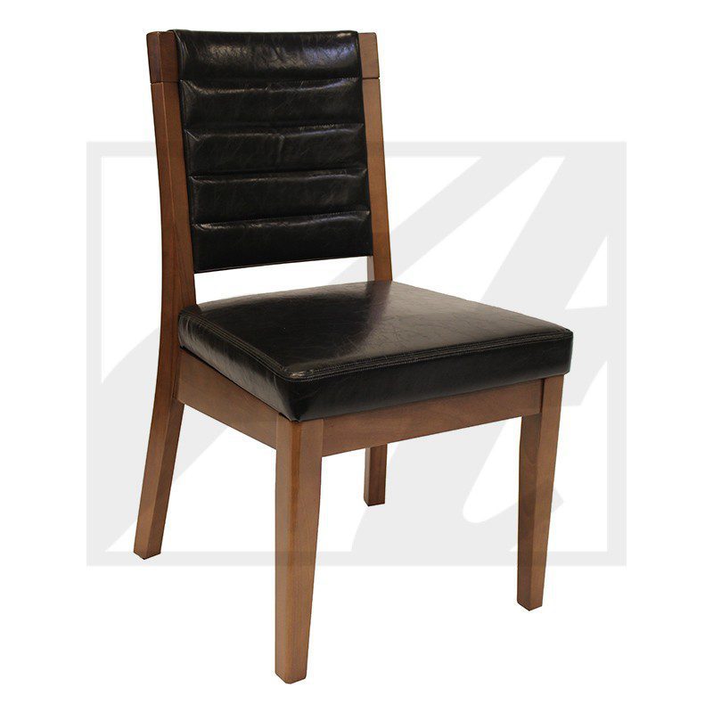 Wooden chair with black cushioned seat and backrest.