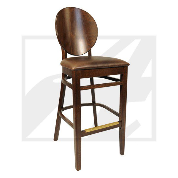 Wooden bar stool with a round backrest and brass footrest.