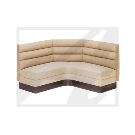 Modern beige corner sofa with dark wooden base.