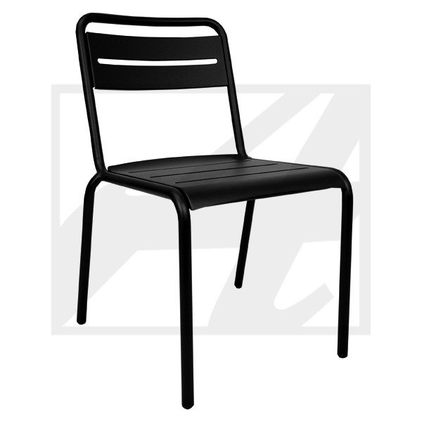 A simple black metal chair with horizontal slats on the backrest.