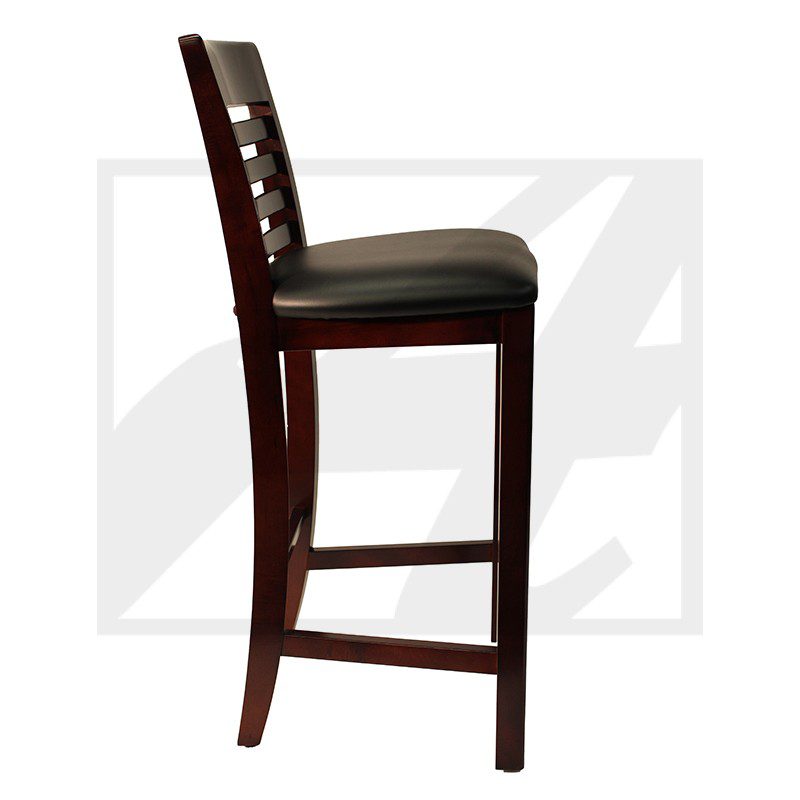 Elegant wooden bar stool with cushioned leather seat and decorative backrest.