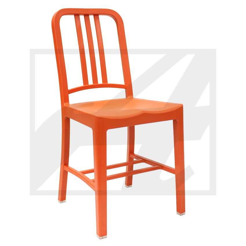 Bright orange metal chair with a slatted backrest and sturdy legs.