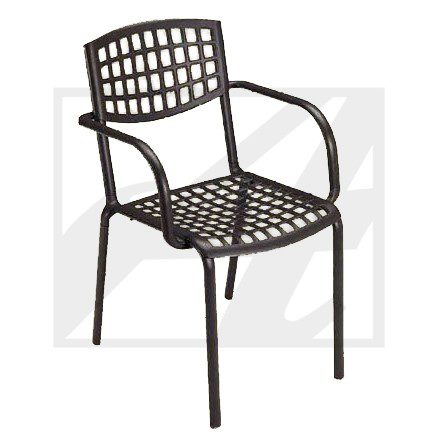 Black metal chair with a lattice design on seat and backrest.