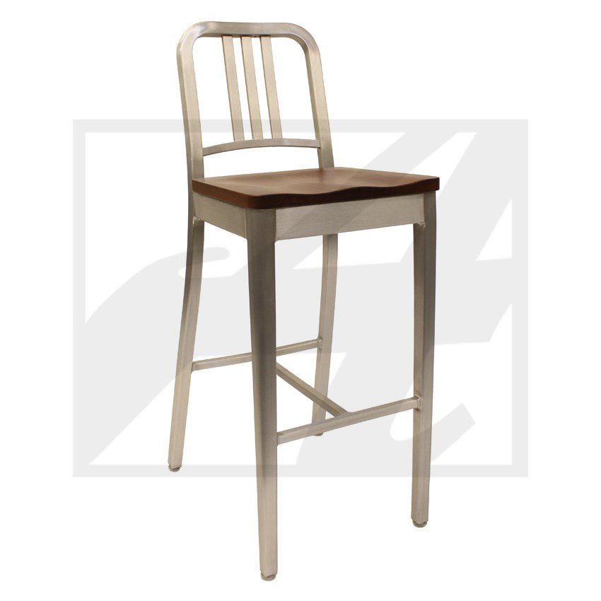 A modern bar stool with a wooden seat and light-colored metal frame.