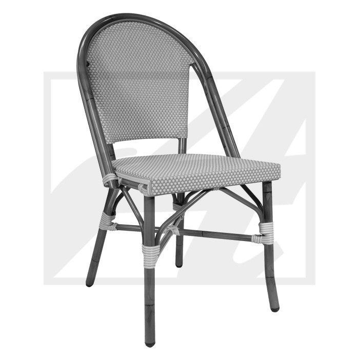 Gray woven rattan chair with a curved backrest and sturdy legs.