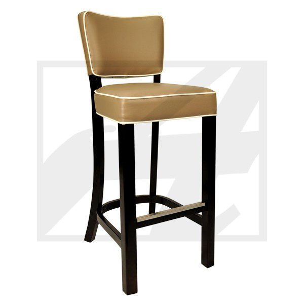 Elegant beige bar stool with dark wooden legs and backrest.