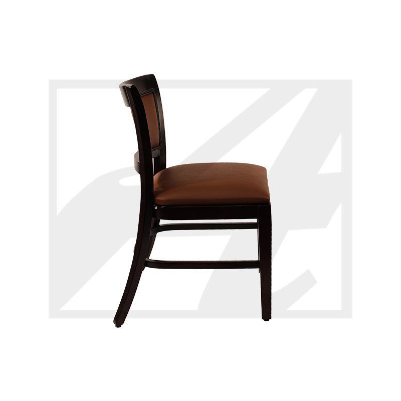 Side view of a classic wooden dining chair with cushioned seat.