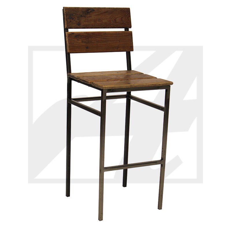 Wooden bar stool with metal frame and backrest.